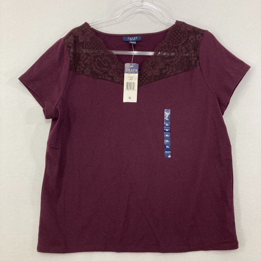 New Chaps size XL Purple Lace Detail Cotton Stretch Short Sleeve Blouse